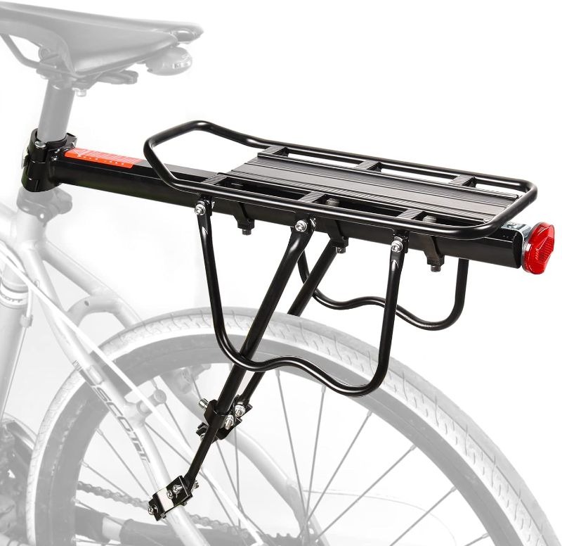 Photo 1 of Rear Bike Rack, 110 lbs / 50KGS Bike Cargo Racks Frame Aluminum Alloy Universal Adjustable Cycling Equipment Stand Footstock Bicycle Luggage Carrier with Tools and Reflector for 26"-29" Frames
 
