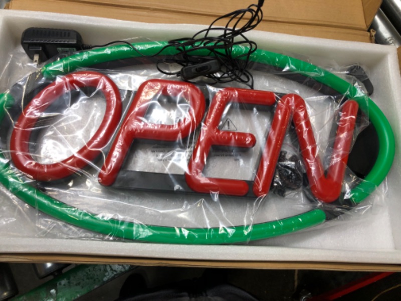 Photo 2 of Large Flashing LED Neon Open Sign Light for Businesses with Remote Control – Extra Bright Lightweight & Energy Efficient - for Restaurants Offices Retail Shops Windows Storefront - Green-Red