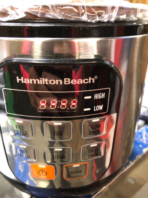 Photo 2 of Hamilton Beach 37524 Digital Programmable Rice Cooker & Food Steamer, with Slow Cook & Hard-Boiled Egg Functions, with Steam & Rinse Basket, 6 Cups Cooked (3 Uncooked), Stainless Steel