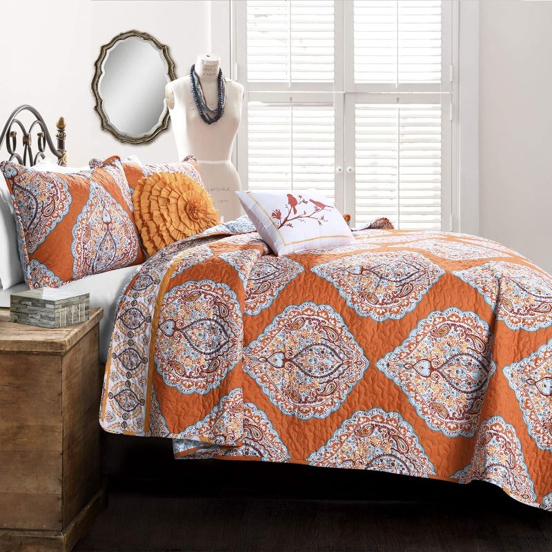 Photo 1 of **ONLY INCLUDES QUILT AND TWO PILLOWS**Lush Decor Harley Reversible Quilt Set - 5 Piece Modern Bohemian Bedding Set - Bold, Colorful Damask Pattern - King, Tangerine
