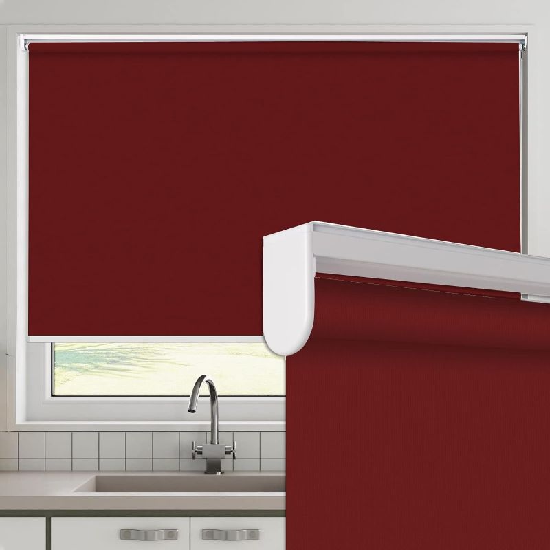 Photo 1 of 100% Blackout Cordless Window Roller Shades, Made to Order Burgundy Window Roller Blinds, Easy Installation for Home and Office