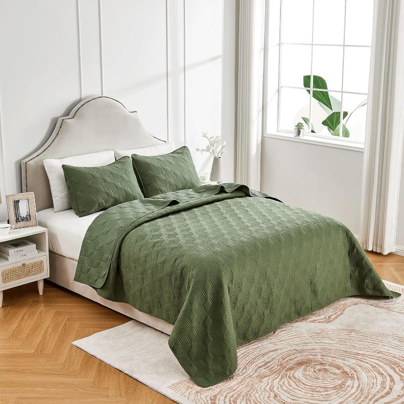 Photo 1 of beeweed Quilt Set Queen 3 Pieces Diamond Pattern Olive Green Soft Summer Bedspread with Ultrasonic Quilting Technology