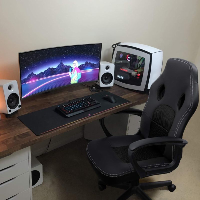 Photo 1 of Furmax Office Chair Desk Chair Leather Gaming Computer Chair Racing Style Ergonomic Adjustable Swivel Task Chair with Lumbar Support and Arms (Black)