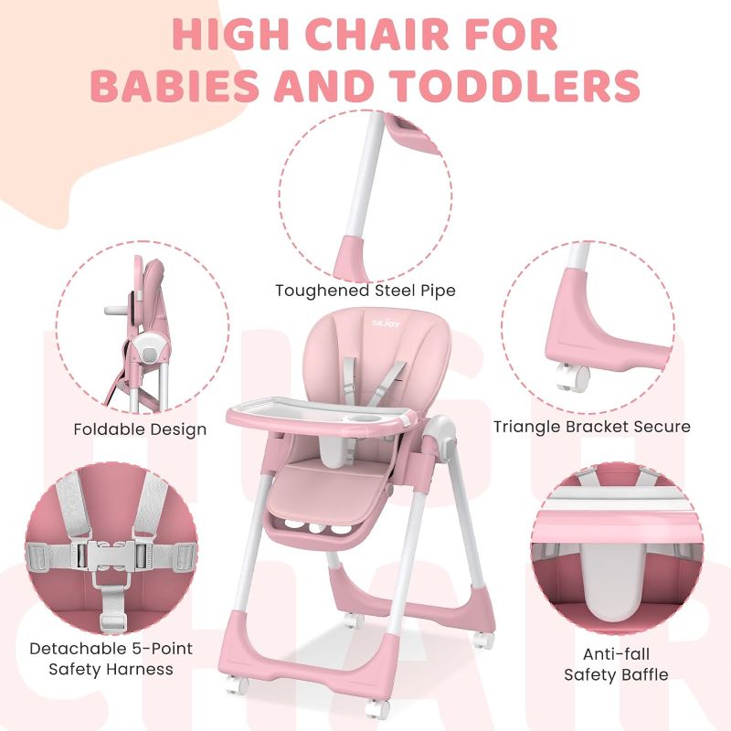 Photo 1 of Baby High Chair with 4 Wheels for Babies & Toddlers,for 6 Months-6 Years,Up to 110 LBs/50kg,Removable Dishwasher Meal Tray,Adjustable Backrest Footrest Tray Positions Seat Heights (Pink)
