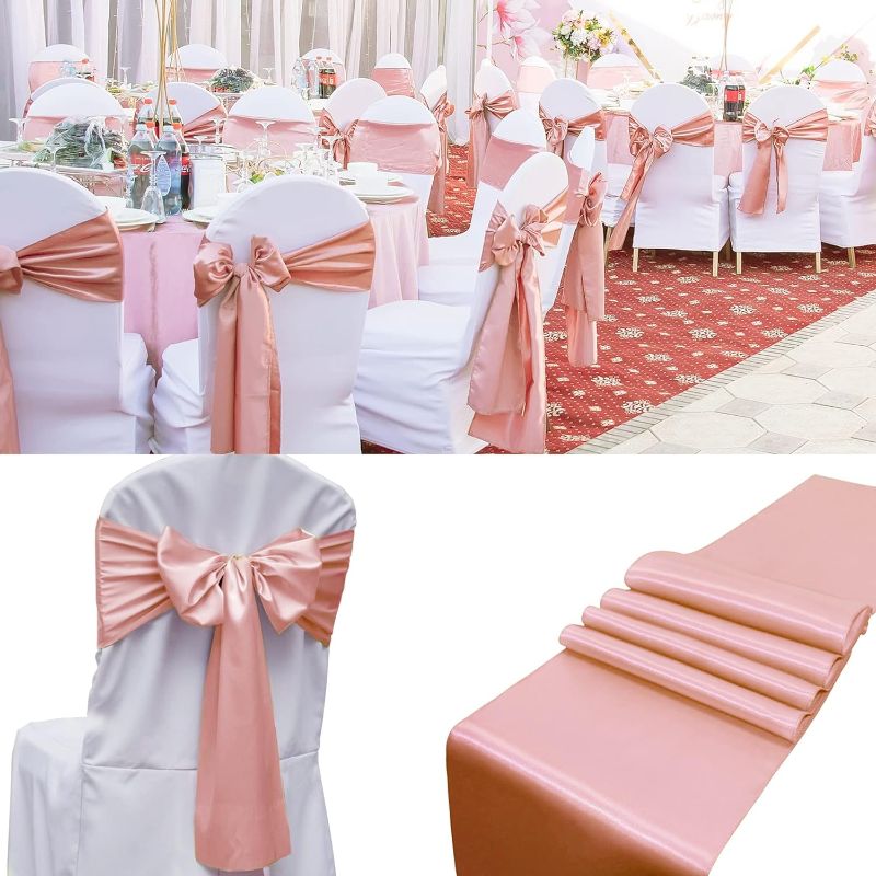Photo 1 of 100 PCS Satin Chair Sashes Decorative Bow Chair Sashes Ties Chair Ribbon Bows Chair Cover Band for Wedding Party Ceremony Reception Events Banquet Home Kitchen Decoration (7 x108inch,Rose Gold)