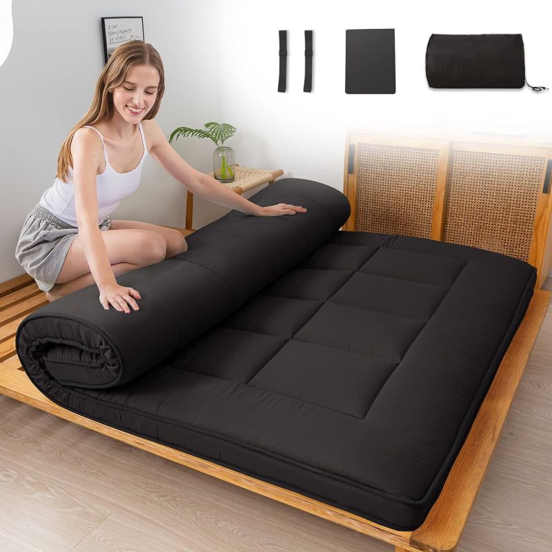 Photo 1 of MAXYOYO Japanese Futon Mattress Queen Mattress Roll Up Mattress Floor Bed Floor Mattress for Adults Grid Tatami Mattress Foldable Mattress for Floor Guest Bed Camping Queen Bed Mattress Pad, Black