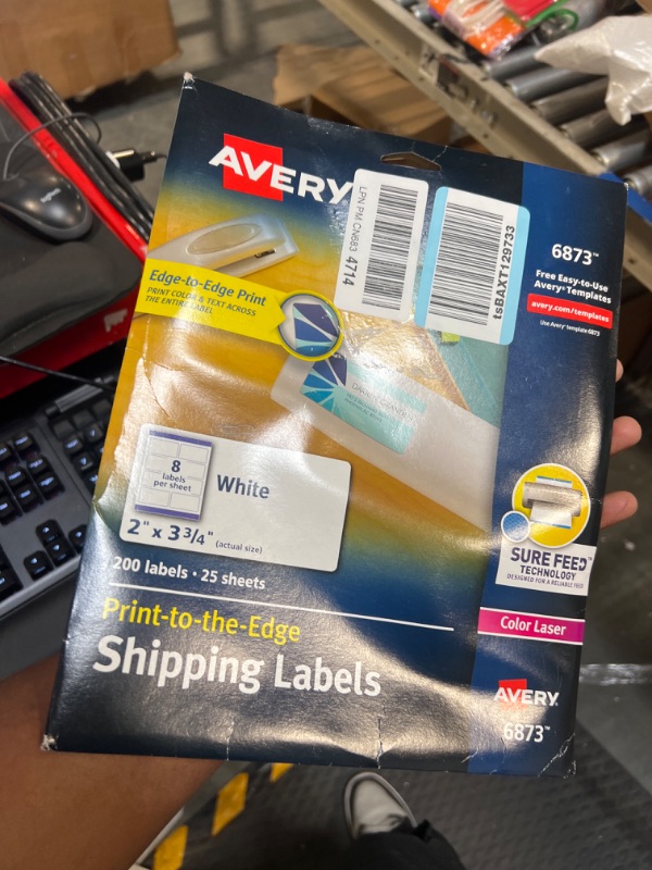 Photo 1 of Avery Print-to-the-Edge Color Laser Shipping Labels, 2" x 3-3/4", White, 8 Labels/Sheet, 25 Sheets/Pack (6873)
