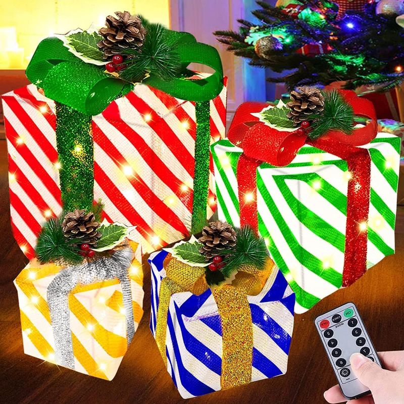 Photo 1 of [ Super Large 12"-10"-8"-7" ] 4 Pack Lighted Gift Boxes Christmas Decorations 70 LED 8 Modes Timer Remote Control Battery Operated Light up Stripe Present Box Christmas Indoor Outdoor Decor Home Yard