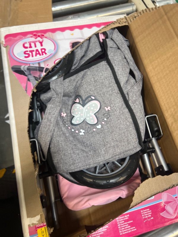 Photo 1 of Bayer Design Dolls: Pram City Star - Grey, Pink, Butterfly - Matching Handbag, Convertible to A Pushchair, Adjustable Handle, Foldable, Integrated Basket, Ages 3+