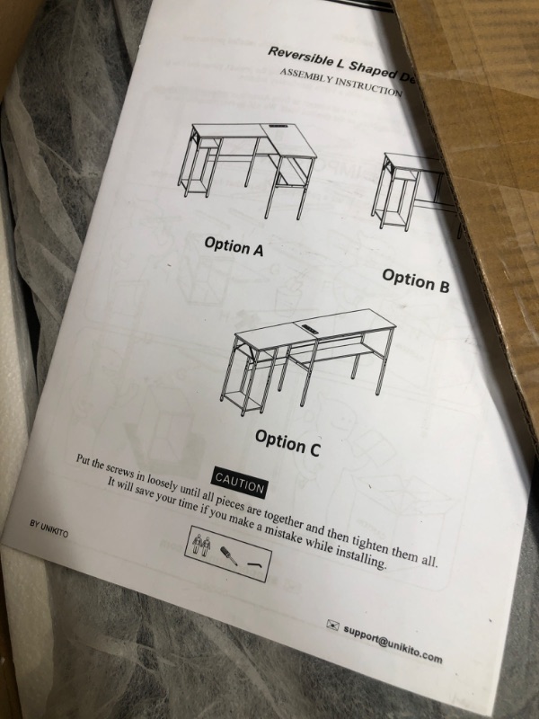 Photo 3 of Unikito L Shaped Computer Desk with Magic Power Outlets and USB Charging Ports, Sturdy Reversible Corner Desk with Storage Shelves, Durable Work Desk for Home Office, Easy to Assemble, Rustic Brown Desk Rustic Brown