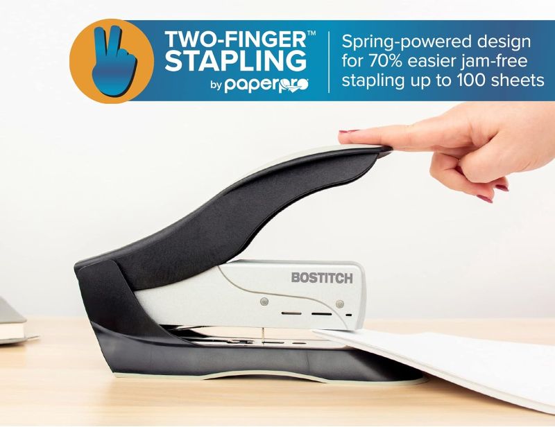 Photo 1 of Bostitch inHANCE+100 Heavy Duty Stapler - Two Fingers, No Effort, Spring Powered Stapler - 100 Sheets, Gray (1300)