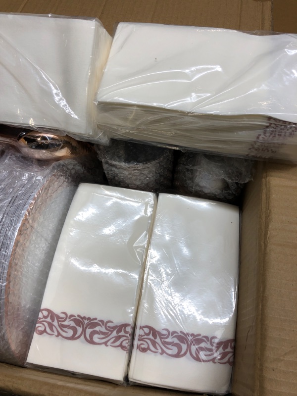 Photo 1 of 700 Piece Dinnerware Set for Wedding & Party,100 Guest Lace Design Plastic Plates,100 Plastic Silverware,100 Cups,100 Linen Like Napkins,100 Guest Disposable Dinnerware Set (Gold)