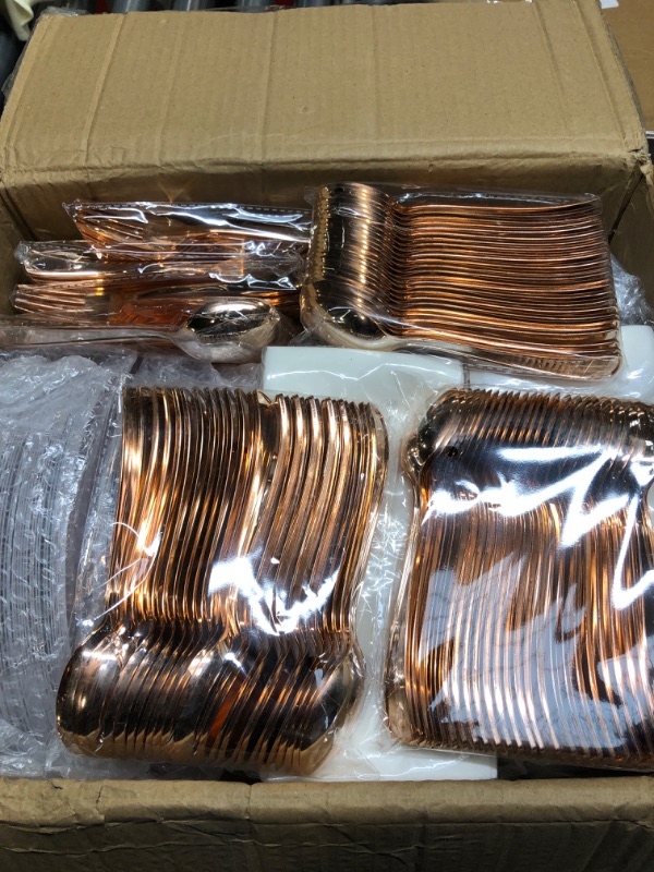 Photo 1 of 700 Piece Dinnerware Set for Wedding & Party,100 Guest Lace Design Plastic Plates,100 Plastic Silverware,100 Cups,100 Linen Like Napkins,100 Guest Disposable Dinnerware Set (Gold)