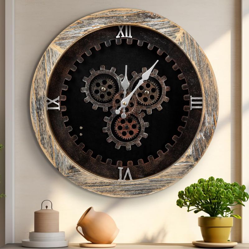 Photo 1 of 16" Large Wall Clocks with Moving Gears for Living Room Decor Decorative Wood Big Oversize Farmhouse Steampunk Silent Vintage Rustic Industrial for Home Office,HD Tempered Glass,Brown… Brown 16