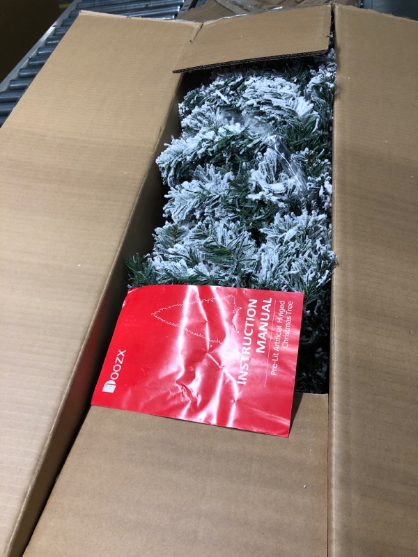 Photo 1 of 6 Ft Pre Lit Flocked Pencil Christmas Tree Artificial Tall Slim Christmas Tree Skinny Xmas Tree with 266 Led Lights & 573 Branch Tips, Slim Xmas Tree for Indoor Outdoor Yard Decorations White-6ft