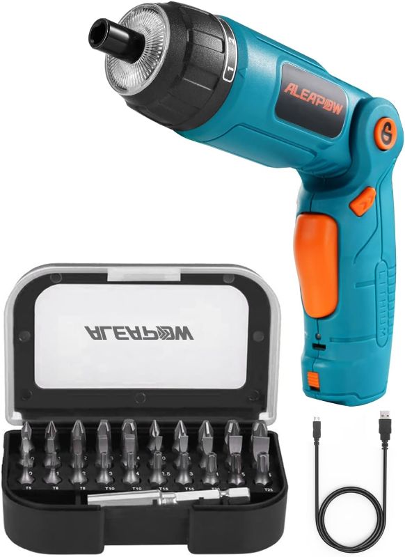 Photo 1 of ALEAPOW 4V Electric Screwdriver Cordless, 6+1 Torque Setting 5N.m, 3 Position Handle, Front and Rear LED, 2000mAh USB Rechargeable, 31 Pieces Bits - O4
