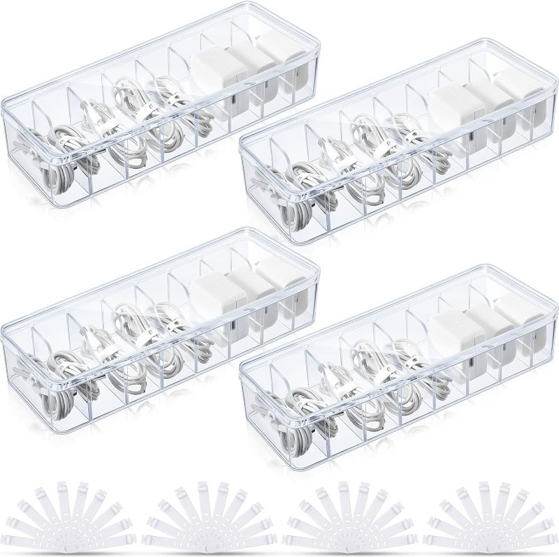 Photo 1 of 4 Pcs Cable Organizer Box with 40 Pcs Wire Ties, Clear Plastic Cord Storage Box with Lid, Electronics Organizer for Home Office Desk Organizers and Accessories
