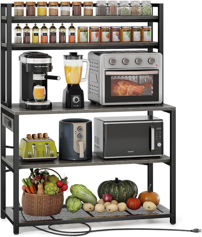 Photo 1 of Denkee 39.4 Inch Wide Large Bakers Rack with 3 Power Outlets, 5 Tiers Kitchen Stands with Storage, Freestanding Microwave Stand, Coffee Bar Station (Gray)
