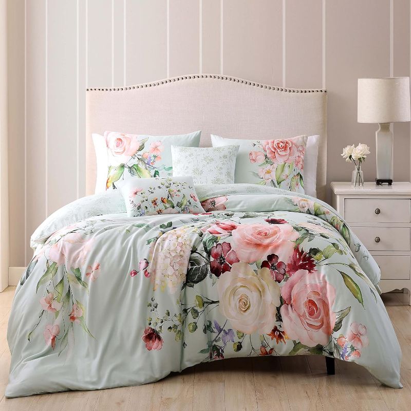 Photo 1 of  Bebejan Rose on Misty Green 100% Cotton 5 Piece Comforter Set, Misty Green Floral Roses Pattern Print Reversible Soft Comforter Bedding Set, 1 Comforter, 2 Shams, 2 Pillows (Full/Queen)