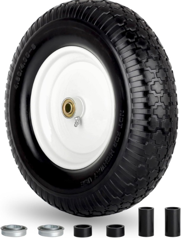 Photo 1 of 4.80/4.00-8" Wheelbarrow Tire, 16" Flat-Free Solid Tire and Wheel, 3-6" Centered Hub, 5/8" & 3/4" Bearing, For Broadcast Spreader Garden Wagon Cart Trolley Dolly Lawn Mover (1 Pack) 