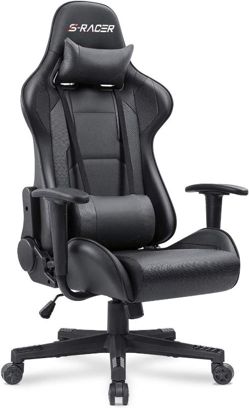 Photo 1 of DUMOS Grey Gaming Chair, Pu Leather Office Chair Flip-up Arms Height Adjustable Desk Chair with Wheels Computer Chair with Lumbar Support