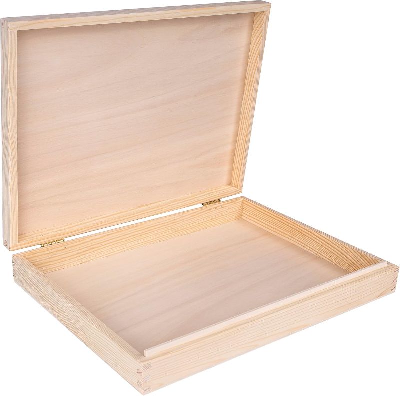 Photo 1 of Creative Deco A4 Wooden Storage Box Unpainted Plain Flat | 13.38 x 9.96 x 2.08 in | Golden Latch & Lid | Perfect for Storing Files, Tools, Documents & Valuables in the Office or Bedroom