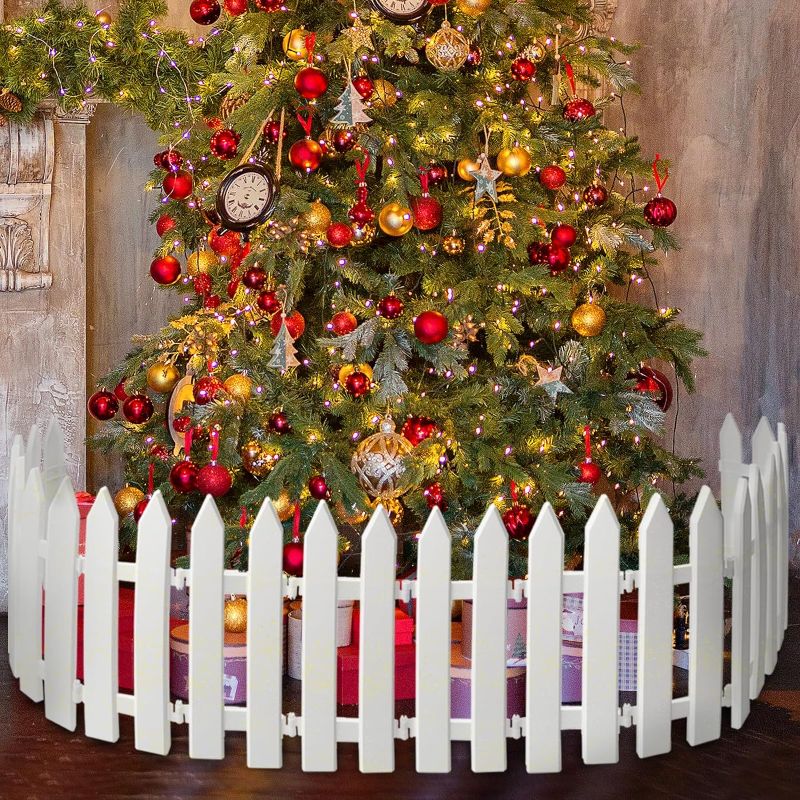 Photo 1 of 28PCS Christmas Tree Fence Plastic Picket Fence Decoration White with Gold Glitter Heavy Duty Anti-Fall Indoor Outdoor Grass Lawn Decoration 