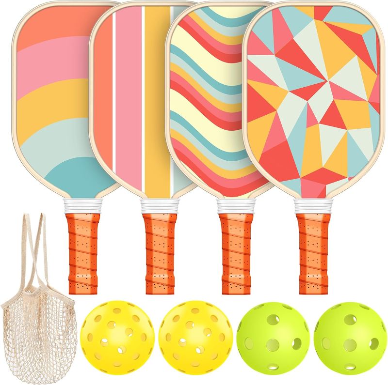 Photo 1 of Pickleball Paddles Set of 4, Wood Pickleball Paddles Set with 4 Wooden Pickleball Paddles, 4 Pickleball Balls, 2 Pickleball Ball Retrievers & Pickleball Bag, Pickleball Rackets with Breathable Grip