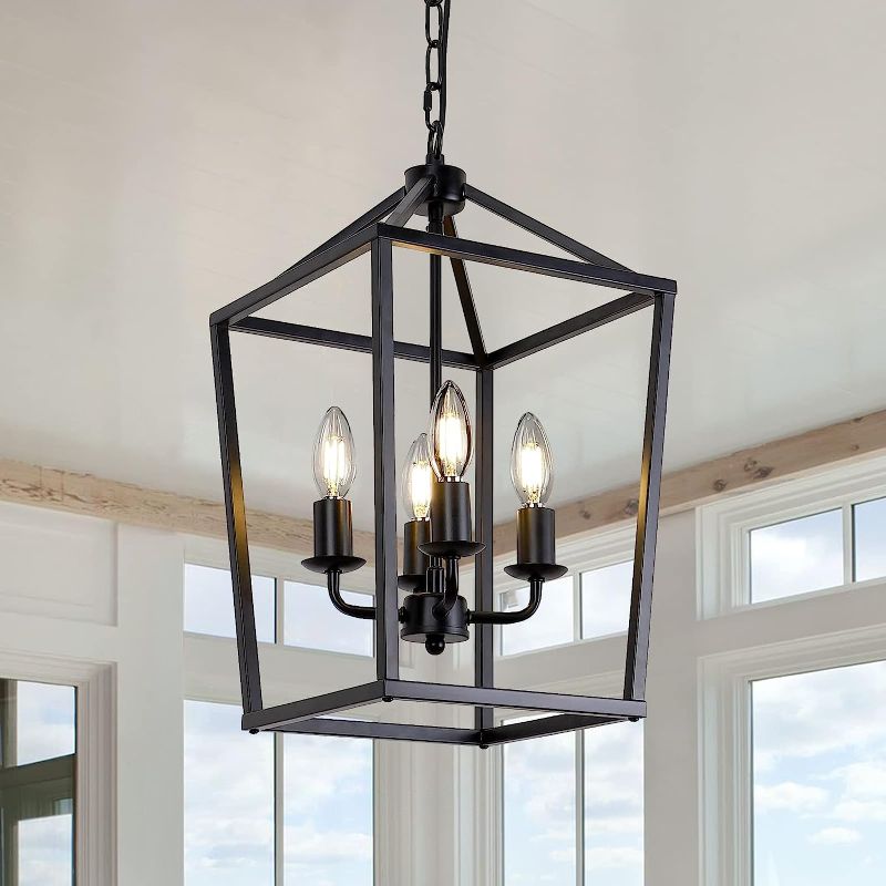 Photo 1 of  4-Light Black Farmhouse Chandelier Light Fixture Iron Lantern Pendant Light Metal Cage Kitchen Hanging Light Fixtures for Kitchen Island, Dining Room, Entryway, Foyer, Hallway 8.46"Lx 8.46"Wx17.71"H