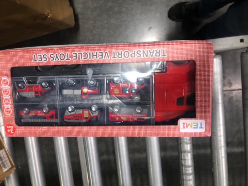 Photo 2 of  Toy Truck with Little Figures, Mini Emergency Fire Vehicles in Big Carrier Truck, Patrol Rescue Helicopter for Boys 3-9 Years Old, Kids Value Birthday Xmas 