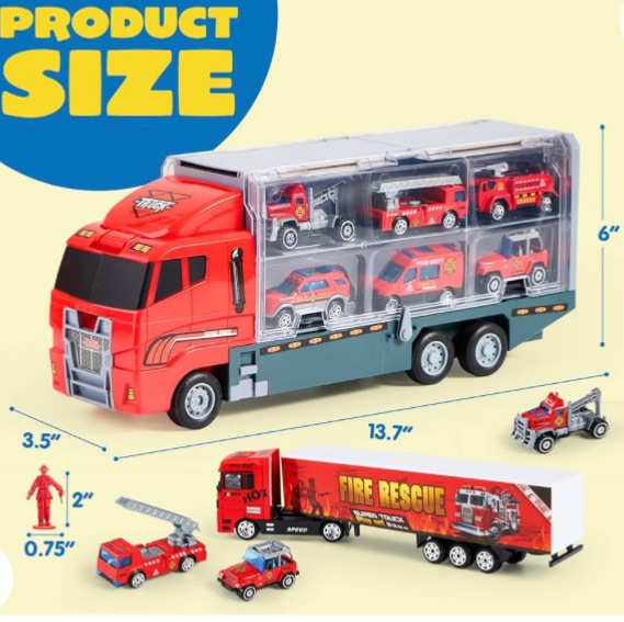 Photo 1 of  Toy Truck with Little Figures, Mini Emergency Fire Vehicles in Big Carrier Truck, Patrol Rescue Helicopter for Boys 3-9 Years Old, Kids Value Birthday Xmas 