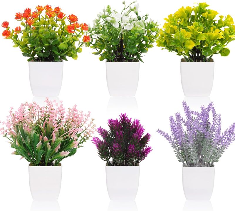 Photo 1 of  6 pcs Artificial Pot Flowers Small Fake Plants with Pot Mini Potted Plants for House Office Tabletop Decoration 