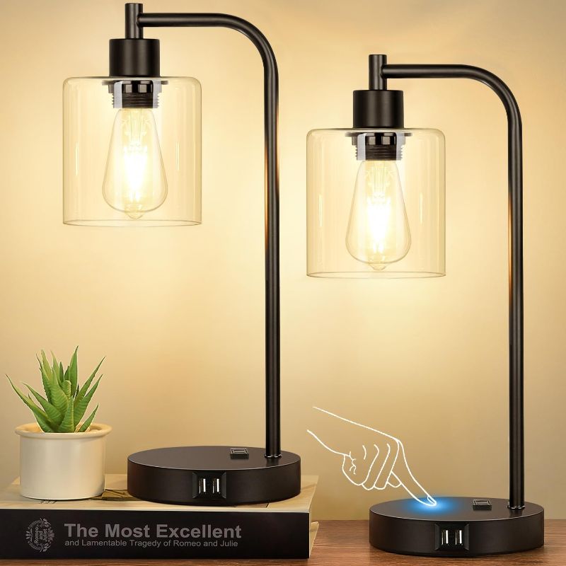 Photo 1 of Industrial Touch Control Table Lamps Set of 2 - Black Bedside Lamps with 2 USB Ports and AC Outlet, 3-Way Dimmable Nightstand Desk Lamp for Bedroom Living Room, Glass Shade & 2 LED Bulbs Included