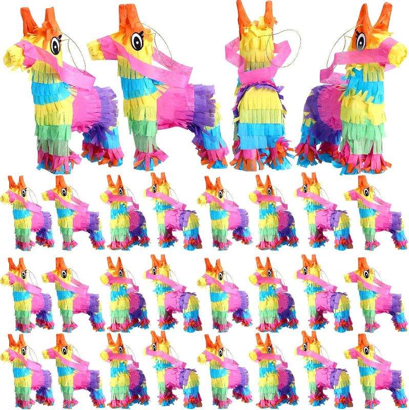 Photo 1 of 24 Pcs Mini Donkey Pinatas Little Rainbow Donkey Pinatas Bulk Cinco De Mayo Donkey Pinata Llama Pinata Mexican Donkey Party Favors for Mexican Carnivals Festivals Taco Tuesday Event, 7.5 x 4 Inches