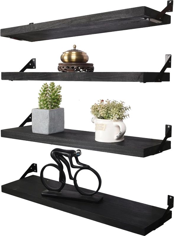 Photo 1 of 24 Inch Rustic Wood Floating Shelves for Wall Decor Farmhouse Wooden Wall Shelves for Bathroom Kitchen Bedroom Living Room Set of 4 Black
