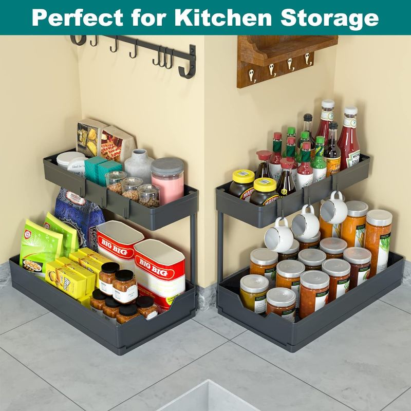 Photo 1 of 2-Tier Under Sink Organizers, 2 Pack Sliding L-shape Cabinet Organizers Narrow Space Storage Multi-purpose Sink Organizer for Bathroom Kitchen Drawer(Black 2 )