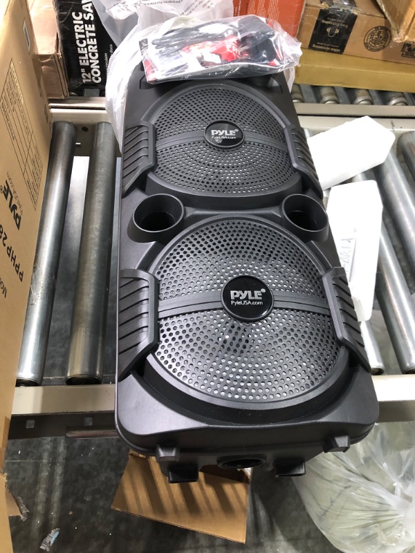 Photo 3 of Pyle Portable Bluetooth PA Speaker System - 600W Rechargeable Outdoor Bluetooth Speaker Portable PA System w/ Dual 8” Subwoofer 1” Tweeter, Microphone In, Party Lights, USB, Radio, Remote - PPHP2835B