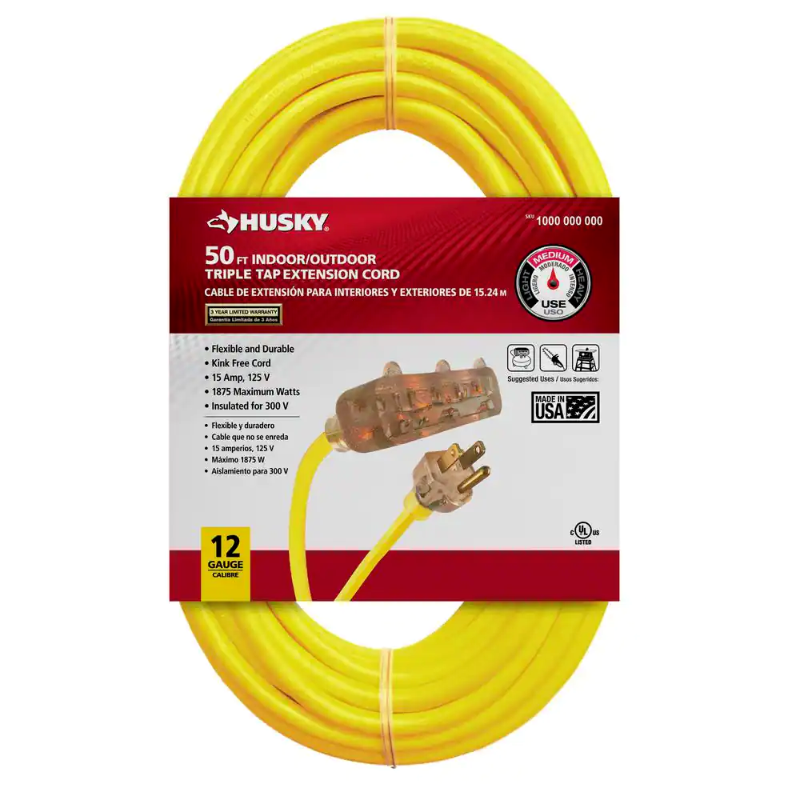 Photo 1 of Husky 50 ft. 12/3 Lighted Triple Tap Extension Cord -8pk