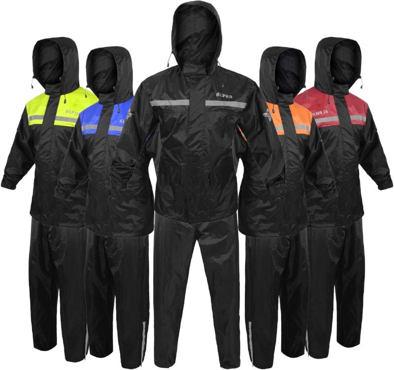 Photo 1 of ALPHA CYCLE GEAR Rain Suit for Men & Women Jackets Pant Gear Reflective Rainsuit Waterproof (BLACK, X-LARGE)
