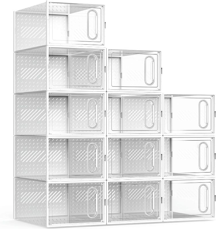 Photo 1 of Large Shoe Organizers, 12 Pack Boxes Clear Plastic Stackable, Dust-Proof For Closet, Good Replacement For Shoe Rack, Under Bed, White.
