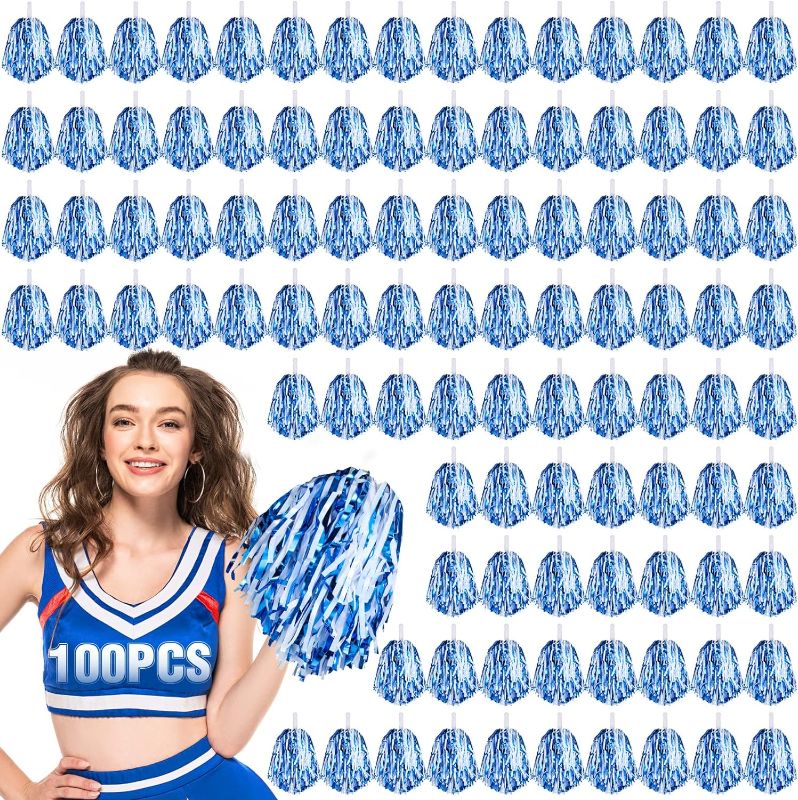 Photo 1 of 100Pcs Metallic Cheerleading Pom Poms with Baton Handle Cheerleader Pompom Foil Cheer Pom Poms 30g Cheering Squad Hand Flowers for Kids Adults Team Spirit Sports Party Cheering (Blue and White)
