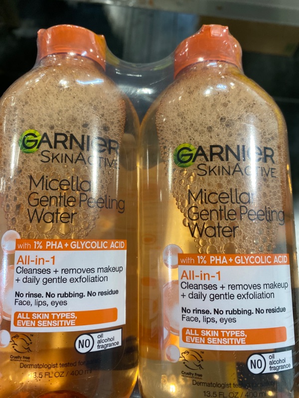 Photo 2 of Garnier SkinActive Micellar Gentle Peeling Water with 1% PHA and Glycolic Acid, Facial Cleanser and Makeup Remover, 2 Pack