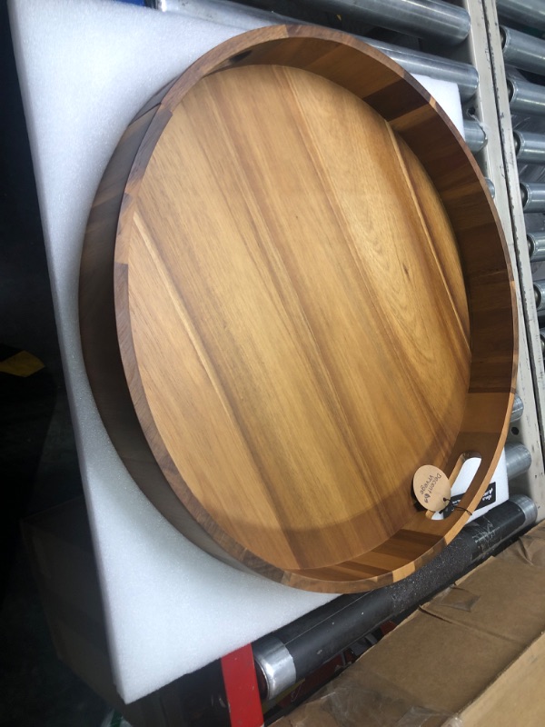 Photo 3 of ******* CRACK ON THE SIDE **** Large Luxury Walnut Wooden Tray, W/Unique Wave Curves Wall Round Wood Tray | Big 20INCH | Huge Decoration Organizer Serving Tray for Ottoman Counter | Giant Coffee Table Cheese Tray Kitchen Serveware 20" Wave Wall Tray - Wal