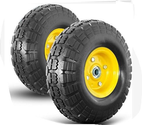 Photo 1 of 4.10/3.50-4 tire and Wheel,10" Flat Free Solid Tire Wheel with 5/8" Bearings,2.1" Offset Hub,for Gorilla Cart,Garden Carts,Dolly,Trolley,Dump Cart,Hand Truck/Wheelbarrow/Garden Wagon (4-Pack)