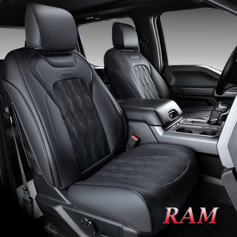 Photo 1 of Coverado Dodge Ram Car Seat Covers, Leather Front Seat Covers for Car Custom Fit for 2002-2023 Dodge Ram 1500 2500 3500 Limited Laramie Big Horn Crew Double Cab Quad Cab (Black)
