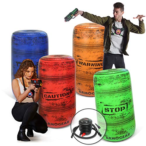 Photo 1 of ArmoGear Inflatable Barrels and Bunkers for Laser Tag and Paintball | Set of 4 Obstacles with Air Pump and Adhesive Patches | Ideal for Shooting Pract
