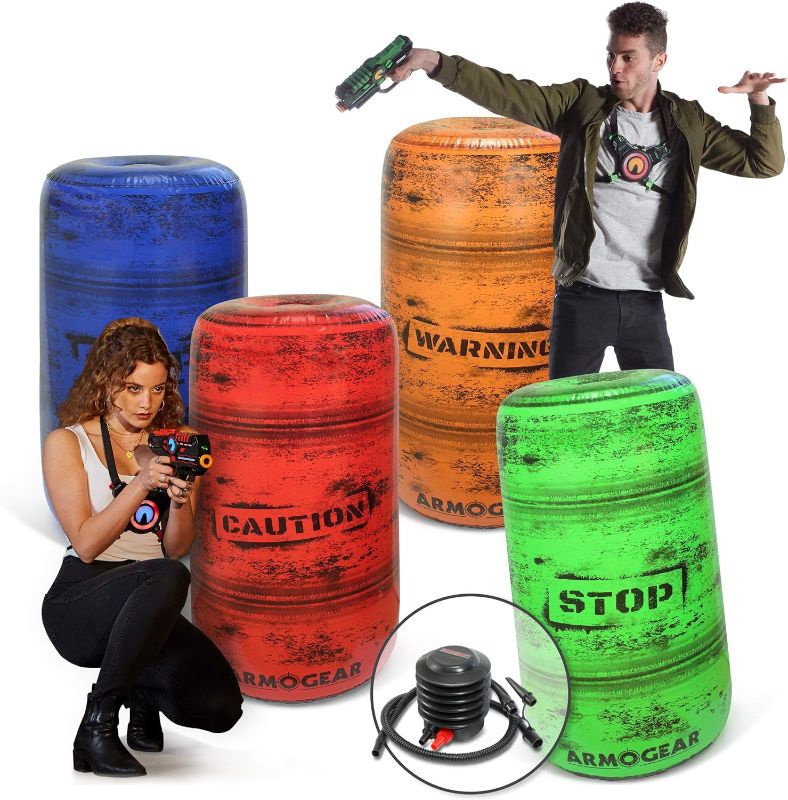 Photo 1 of ArmoGear Inflatable Barrels for Laser Tag, Squirt Guns, and Paintball | Set of 4 Barrels for Arena or Battlefield Bunkers with Air Pump and Adhesive Patches | Outdoor Toy for Ages 8 Plus
