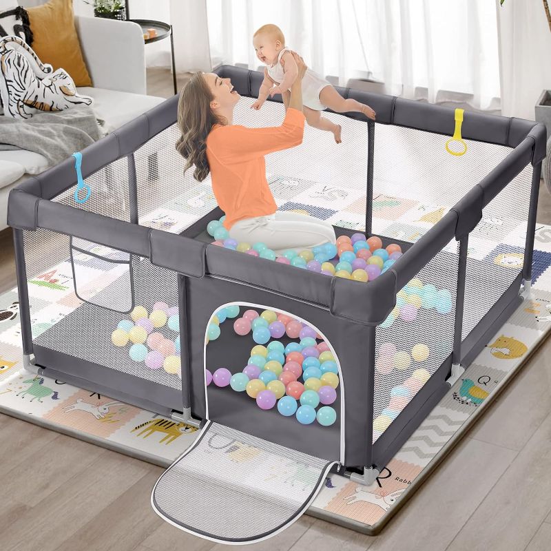 Photo 1 of **NO PLAY BALLS** Baby Playpen, 50x50 Playpen with Zipper Gates, Playpen for Babies and Toddlers, Play Yard with Pull-up Rings, Visible Mesh, Safety Anti-Fall Sturdy Baby Play Pen, Waterproof Oxford Cloth(Black) Black 50*50 Inch