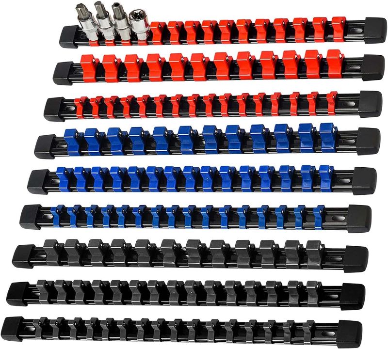 Photo 1 of ALOANES 9 PC ABS Socket Organizer, 1/2 inch, 3/8 inch and 1/4 inch Drive Socket Rail Holders, Heavy Duty Socket Racks, Black Rails with Red, Blue and Black Clips