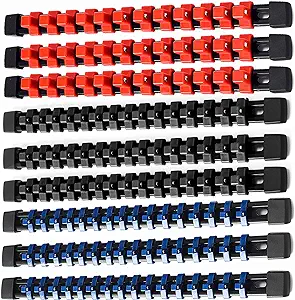 Photo 1 of ALOANES 9 PC ABS Socket Organizer, 1/2 inch, 3/8 inch and 1/4 inch Drive Socket Rail Holders, Heavy Duty Socket Racks, Black Rails with Red, Blue and Black Clips